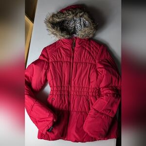 Women's Vibrant Red Puffer Jacket with Faux Fur Hood